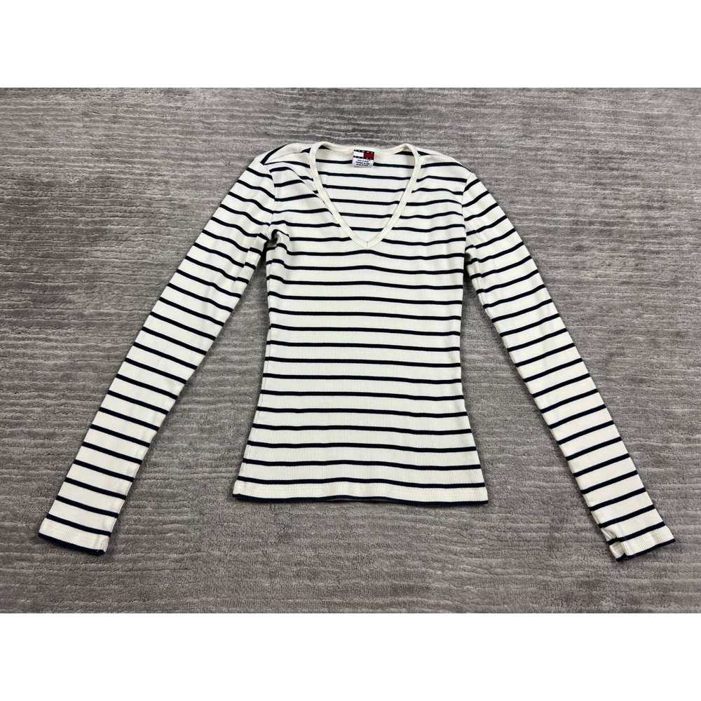 Tommy Jeans Top Womens S White Navy Striped V-Neck Long Sleeve Ribbed Cotton